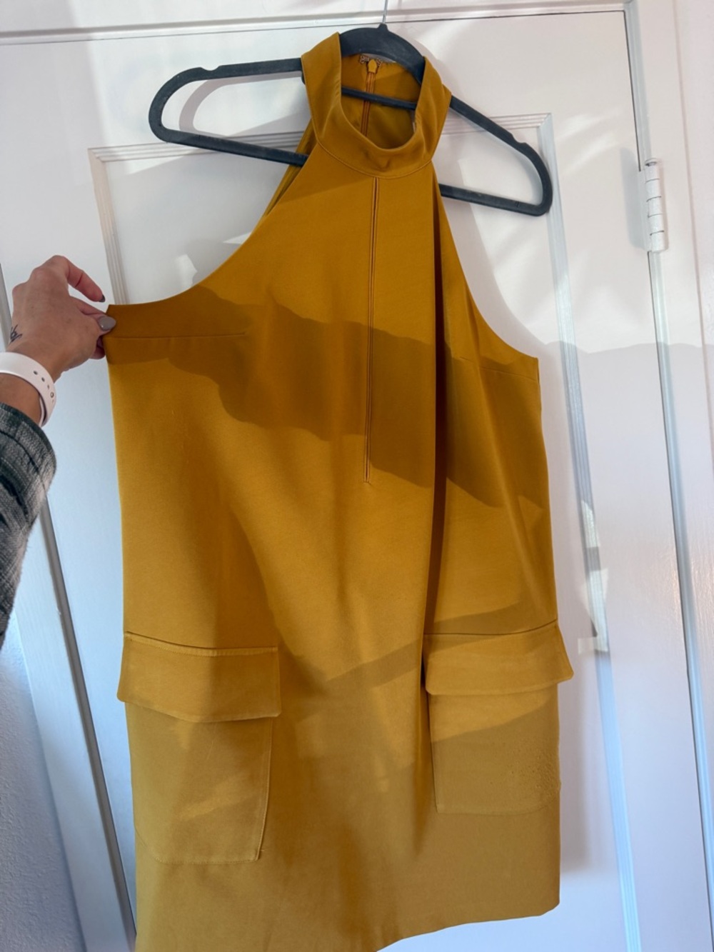 Anthro Maeve Mustard Halter Mod Dress 70s Inspired Shift Mini Size L